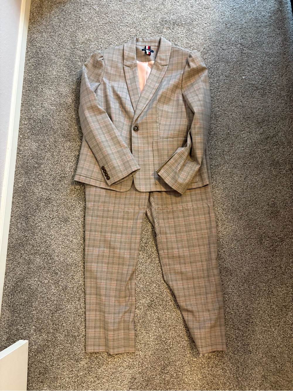Tommy Hilfiger Beige Plaid Blazer and Trousers Set
